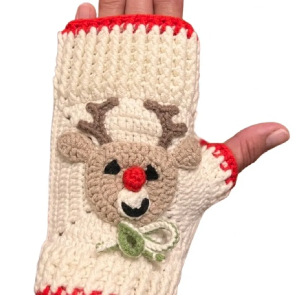 Reindeer Knit Mittens for Kids/ teenage - Red and Cream